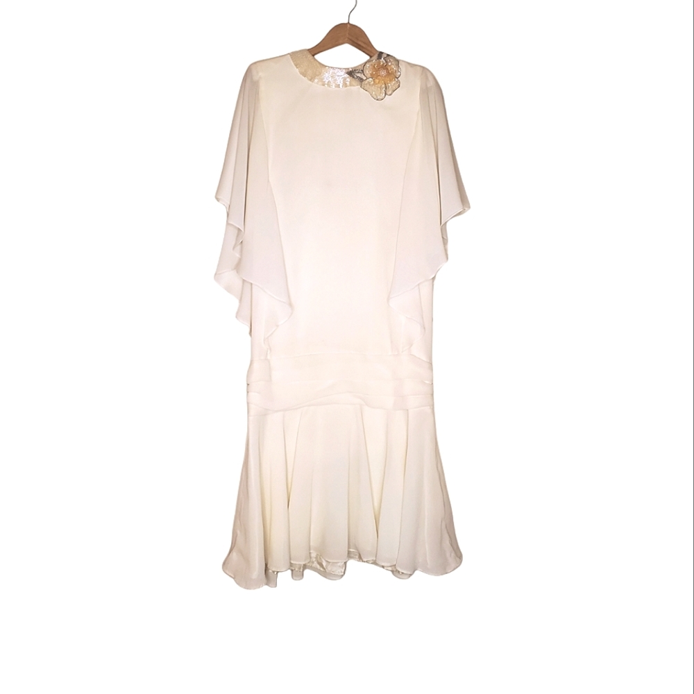 Vintage White Flowy Side Ruffle Dress with Drop Waist & Beaded Floral Neck